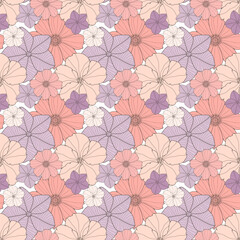 Floral seamless pattern with multi-colored flowers in delicate pink-purple hues. Pattern for textiles, wrapping paper, wallpapers, covers, backgrounds