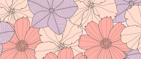 Fototapeta na wymiar Delicate floral background with colorful flowers. Botanical background for decor, wallpapers, covers, postcards, social media posts.