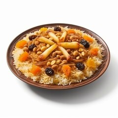 Bowl of rice with meat and vegetables. Isolated on a white background.