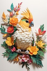 Explore the colorful world of a Kirigami Lutino Cockatiel perched on a branch, surrounded by vibrant flowers and lush leaves. Captivating paper art for bird lovers.