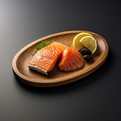 Salmon sushi with lemon and dill on wooden plate on black background