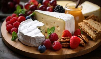 Cheese platter with different types of cheese, honey and berries