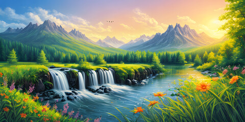 Stunning nature landscape blooming grass and meadows green foliage of trees with flowing water river. 3D Illustration. Fantasy Art. Digital Art