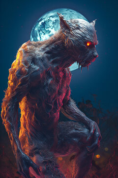 A surreal dark fantasy illustration featuring a cursed werewolf at night.