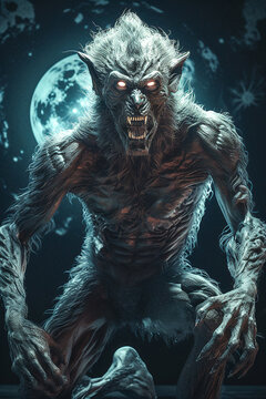 A surreal dark fantasy illustration featuring a cursed werewolf at a moonlit night.
