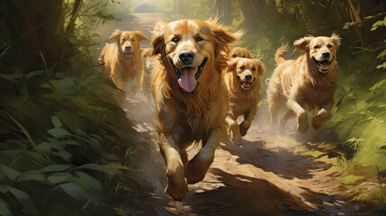 A Pack of Golden Retriever  Dogs  are Running and Playing Together in the Meadow