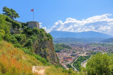 Berat from castle aerial view provided an unforgettable experience, showcasing the exceptional urban layout of Berat and painting a vivid picture of its captivating beauty. Albanian flag