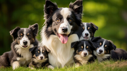Border Collie dog mum with puppies playing on a green meadow land, cute dog puppies 