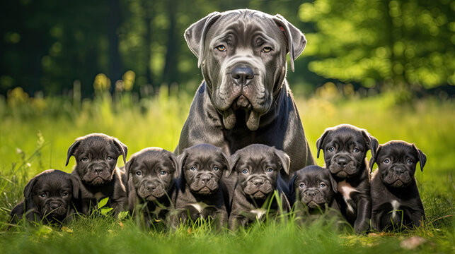Cane corso dog mum with puppies playing on a green meadow land, cute dog puppies 