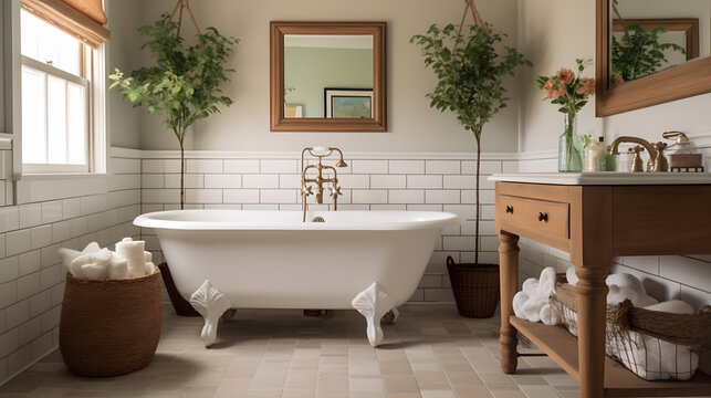 Interior design of Bathroom in Farmhouse style with Clawfoot Tub decorated with Subway Tile, Wicker Basket material. Farmhouse architecture. G24.