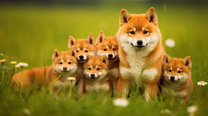 Shiba Inu dog mum with puppies playing on a green meadow land, cute dog puppies  - Powered by Adobe
