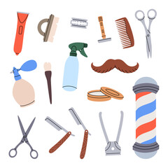 Barber shop tools set. Hairdressing tool kit. Electric hair clipper, hairdresser brush, spray bottle, barber shop pole, professional razor, scissors.