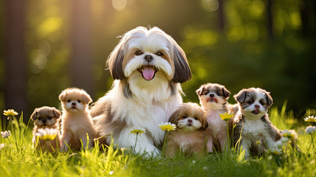 Shih tzu dog mum with puppies playing on a green meadow land, cute dog puppies 