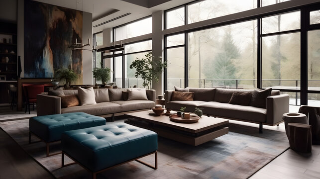 Interior design of Living Room in Modern style with Large Windows decorated with Leather, Velvet, Metal, Glass, Wood material. Open floor plan architecture. G24.