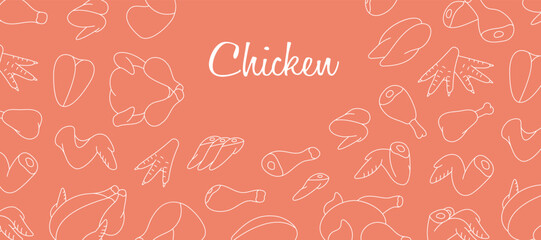 Meat cuts of chicken horizontal outline banner. Butcher shop. Whole chicken, brisket wing, carcass, fillet, ham, leg, breast, shank, drumstick.