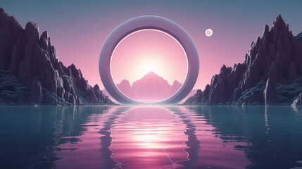 Abstract neon background with super moon and circle shape, Beautiful frame and extraterrestrial landscape under the night sky and Rocks. Futuristic technology minimalist background. Generative AI.