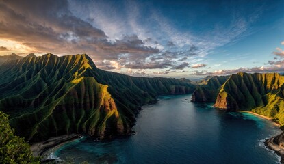 Aerial view of major cliffs in Hawaii, Landscape of Hawaii during sunset