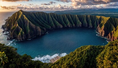 Fototapeta na wymiar Aerial view of major cliffs in Hawaii, Landscape of Hawaii during sunset