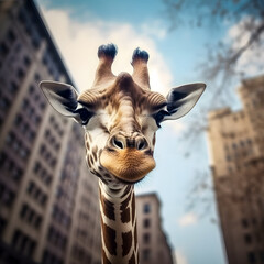 Urban Serenity: Portrait of a Giraffe Amidst City Skyscrapers - generative ai
