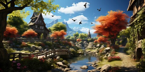 fairytale landscape with stone bridge , generative AI