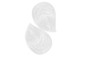 Composition of smears and drops or drops of a transparent gel, serum. On an empty transparent background.