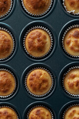 Top view and close up group homemade pumpkin muffins in iron mold. Autumn dessert. Halloween treats.