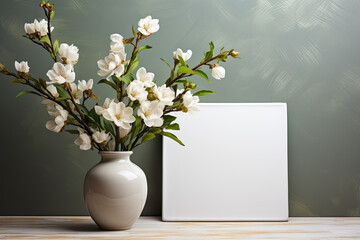 White canvas mockup and vase with white flowers bouquet standing on wooden background near wall. Empty blank rectangular canvas frame, mock up