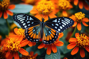 Fototapeta na wymiar Butterfly on orange flowers background