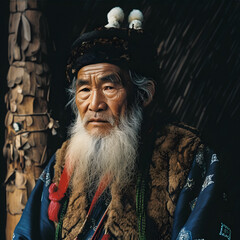 Resilience in Tradition: Portrait of an Old Ainu Man in Traditional Dress - generative ai