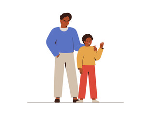 Happy father and teen son stand together. African american male Parent cares and is proud of his child boy. Good relationship and trust between generations concept. Vector illustration.