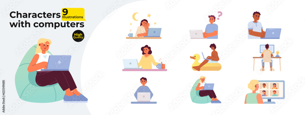 Poster people with laptop computer flat concept vector spot illustrations bundle. remote work from home 2d 