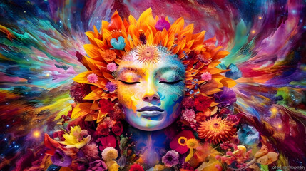 Vibrant Digital Painting of a Woman's Face Surrounded by Flowers - generative ai