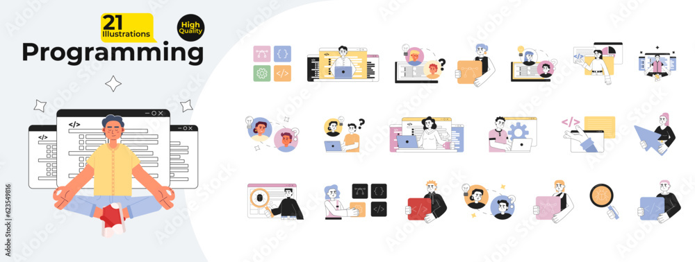 Poster people programming codes monochrome concept vector spot illustrations bundle. freelancers wit device
