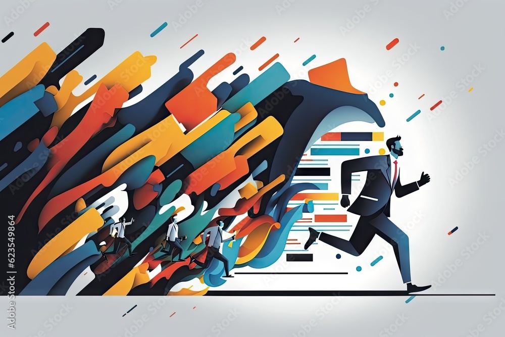 Poster businessman running in front of colorful abstract background