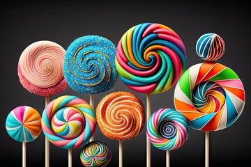 Fototapeta na wymiar Lots of colorful lollipops on a black background