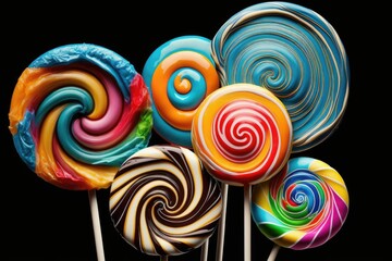 Fototapeta na wymiar Colorful lollipops isolated on black background, closeup