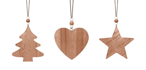 Set of hanging brown wooden ornament. Christmas tree, heart and star isolated on transparent png background. Stock photo