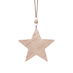 Hanging brown wooden star. Christmas ornament isolated on a transparent png background. Stock photography.