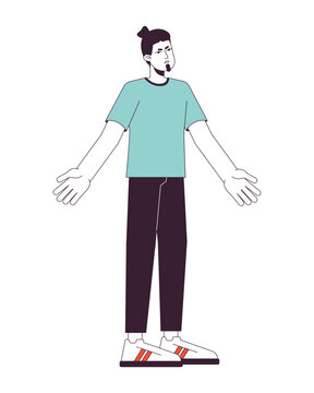 Annoyed man throwing up hands flat line color vector character. Editable outline full body person on white. Clueless bearded man shrugging simple cartoon spot illustration for web graphic design