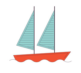 Sailing sailboat waves flat line color isolated vector object. Watercraft. Maritime transport. Editable clip art image on white background. Simple outline cartoon spot illustration for web design