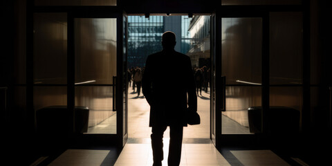 Silhouette of a man leaving through the doors of a corporate building