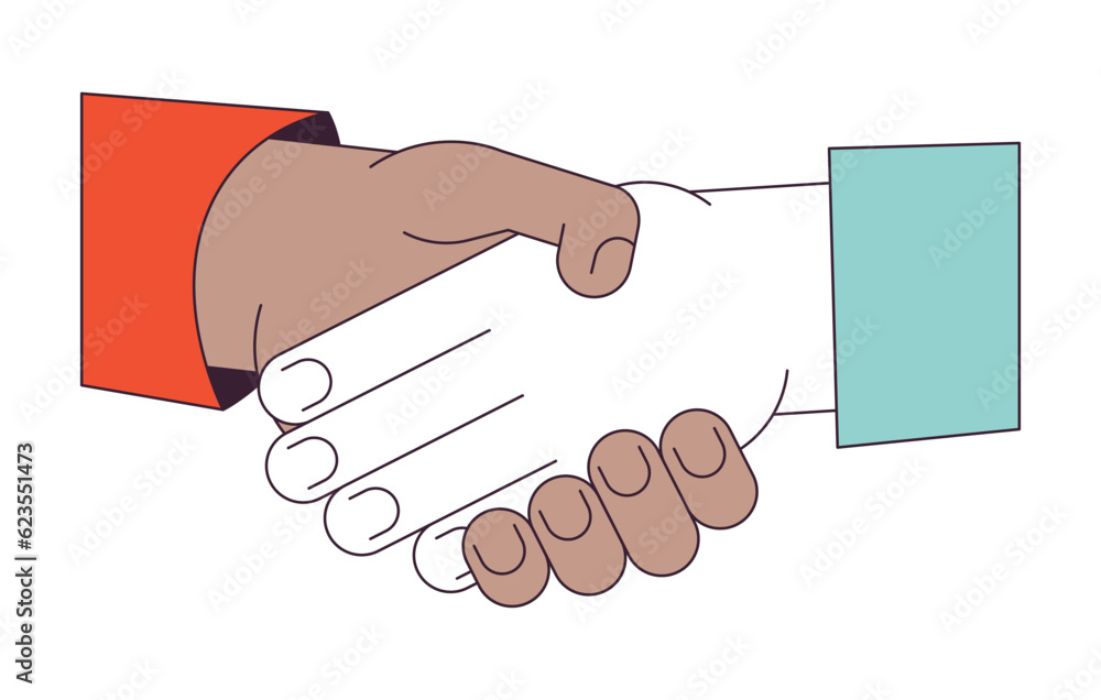 Poster networking shaking hands flat line concept vector spot illustration. negotiating handshake 2d cartoo
