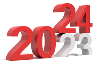 2024 New year change concept. 3d red digits isolated on white background. 3D illustration.