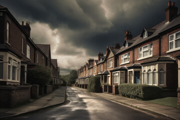 Fototapeta na wymiar Storm clouds form over the housing market, english suburban street with dark rain clouds above