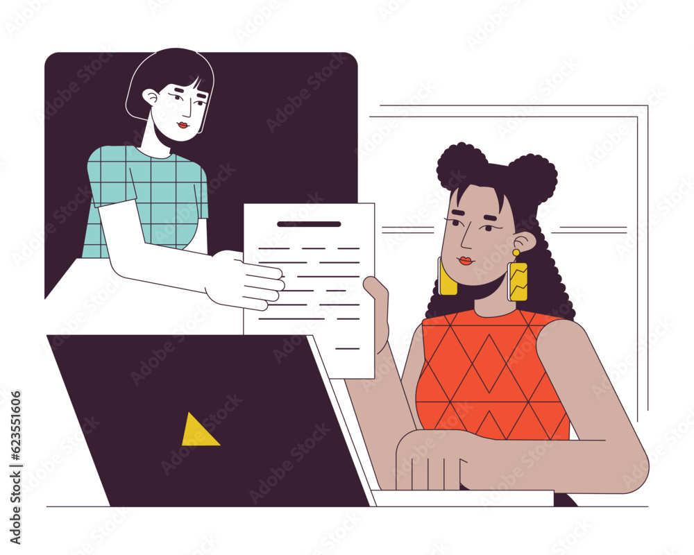 Poster remote working flat line concept vector spot illustration. sharing colleagues online 2d cartoon outl