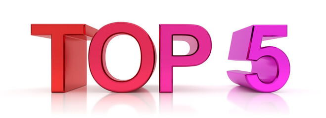 Top 5 word in red and pink on white background, 3D rendering