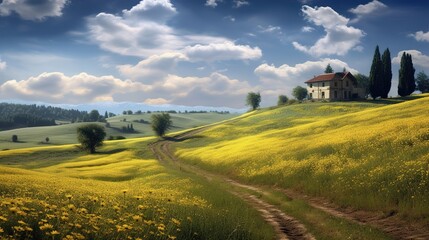 Obraz premium The landscape of the beautiful countryside. grassy field and gentle hills Generative AI