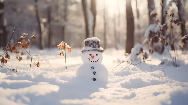 Snowman in the forest with a carrot nose, top hat and buttons.  Snowy landscape background for holidays, greeting cards, scrapbooking, crafts