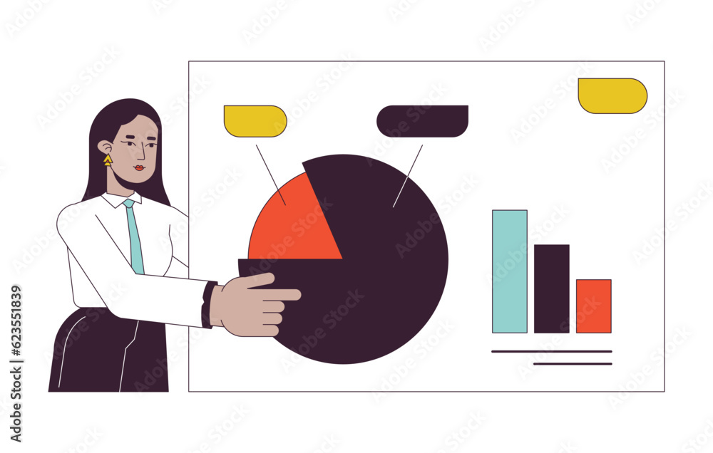 Poster business presentation woman flat line concept vector spot illustration. female office worker pointin