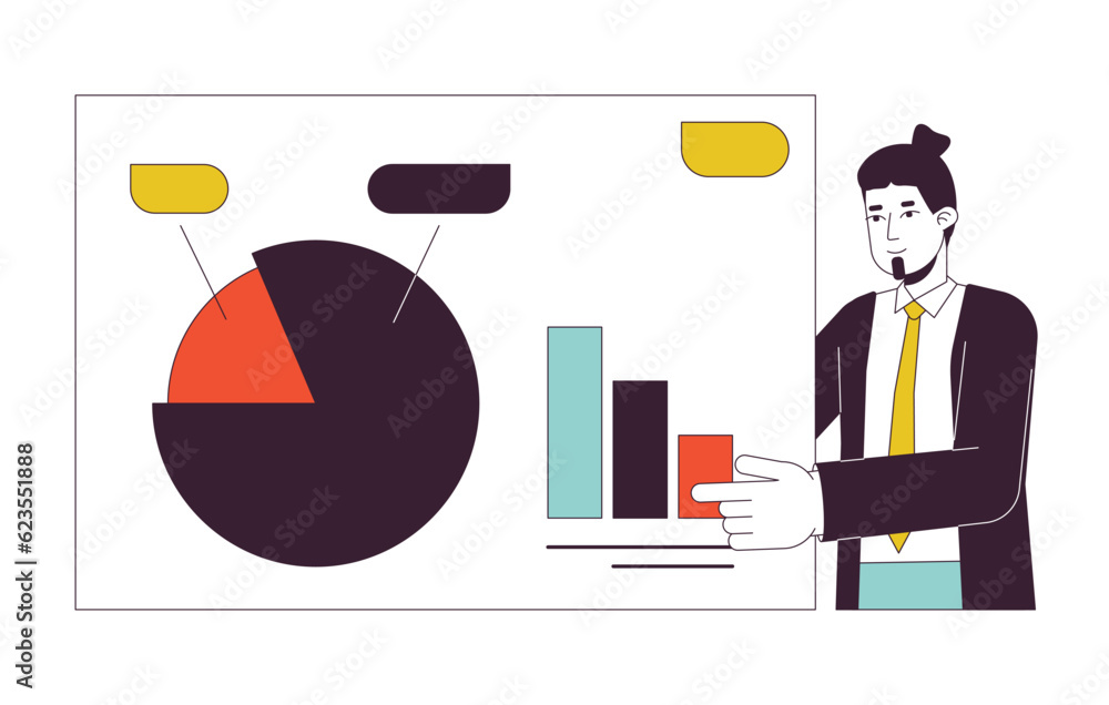 Poster presentation business man flat line concept vector spot illustration. european male sales manager 2d